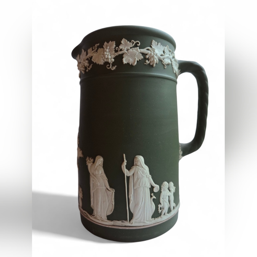 Antique Wedgwood Jasperware Olive Green & Cream Pitcher – Large, Classic Grecian